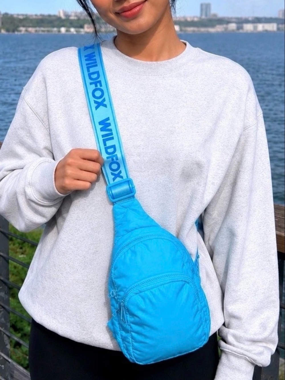 Wildfox Crossbody Double Zippered Pocket Sling Bag with Logo Strap (Blue)(NWT)